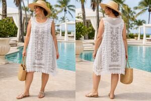 Cream Floral Lace Swim Cover Up Tunic Sheer Boho Resort Beach Large  Description